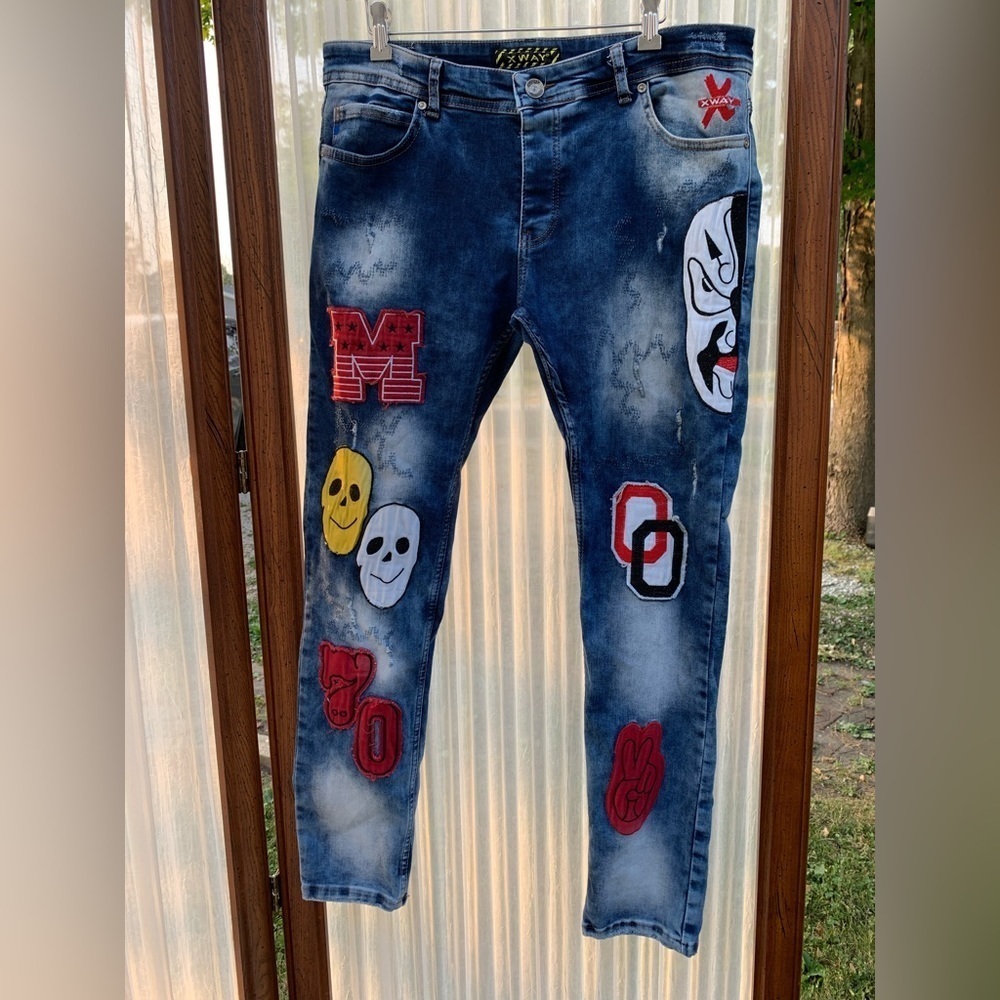 XWay Sernes Clown Car Men’s Skinny Jeans W36 Mod 6086 Patches Frayed Graffiti 29